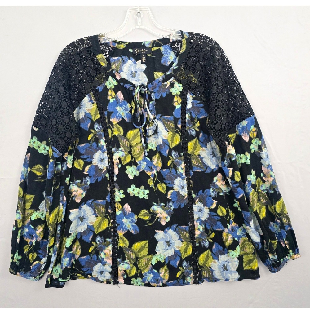 Jessica Simpson Floral Print Lace‎ Shoulder Tie Neck Top  Black Multicolor M